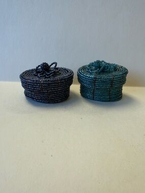 Vintage Pair of Handmade Folk Art Boho Seed Bead Jewelry Trinket Box Baskets.